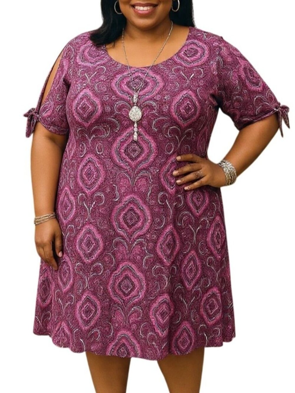 Kim Rogers Plus Size 2X Dress  Mixed Pink Paisley Short Sleeves With Tie Detail